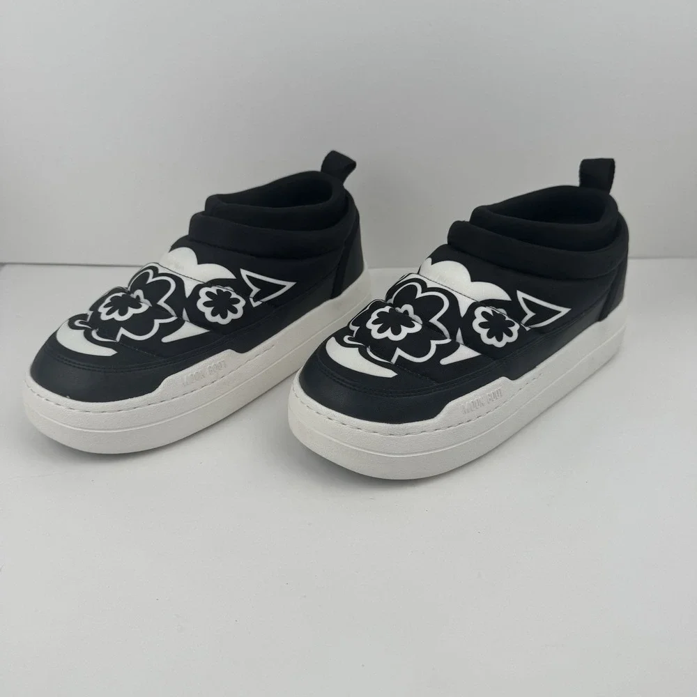 Moon Boot Black White Puffy Floral Puffy Platform Sneakers
